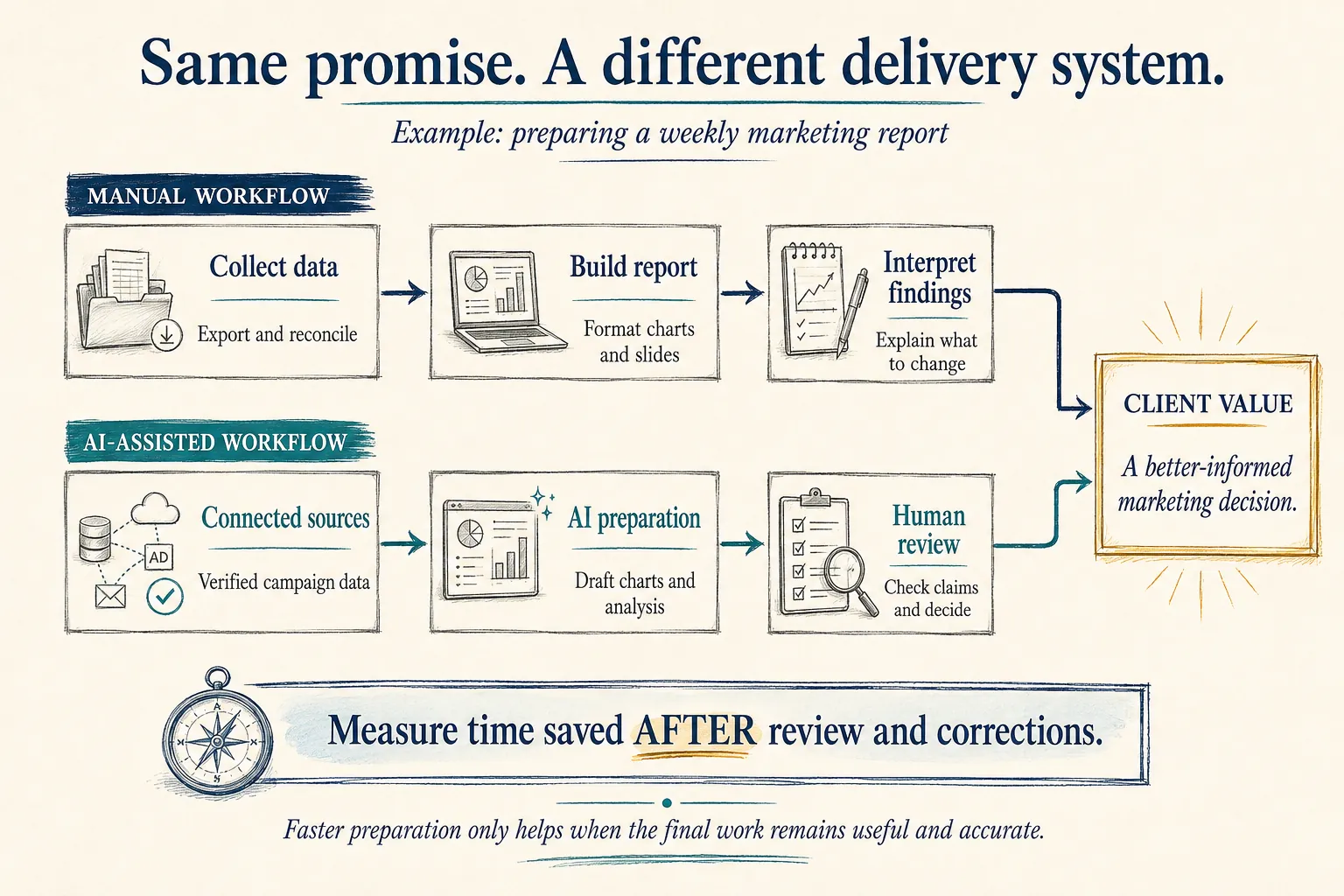Manual and AI-assisted marketing report workflows compared, both leading to a better-informed client decision.
