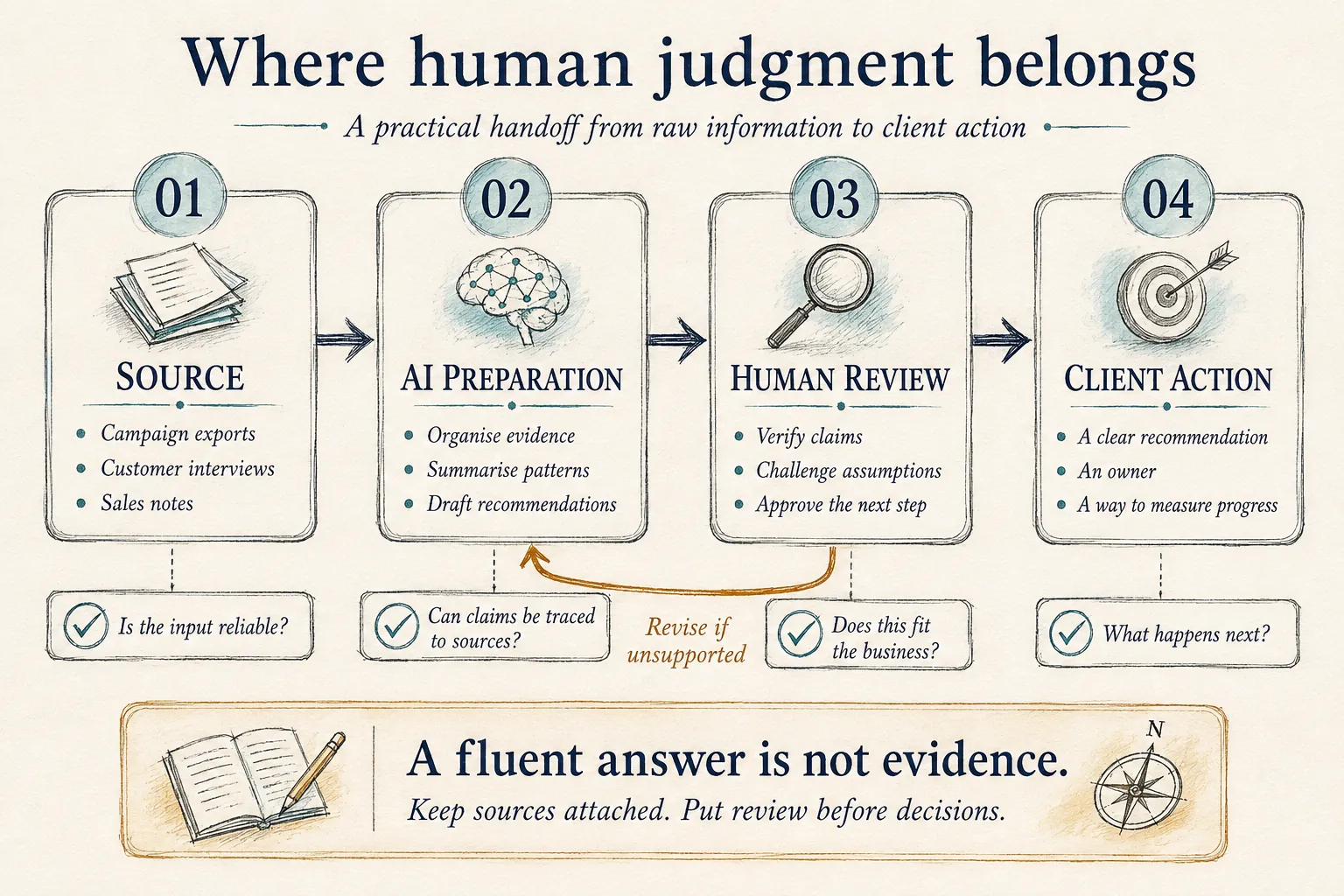 Four-stage workflow from source information through AI preparation and human review to client action, with a revision loop.