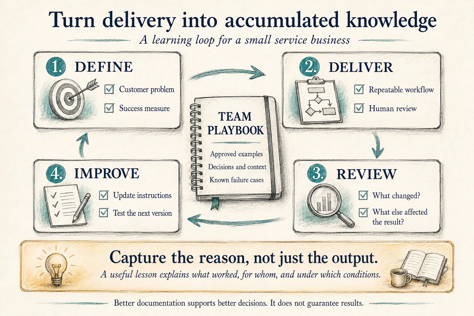 Four-step learning loop—define, deliver, review and improve—surrounding a team playbook of examples, decisions and known failures.